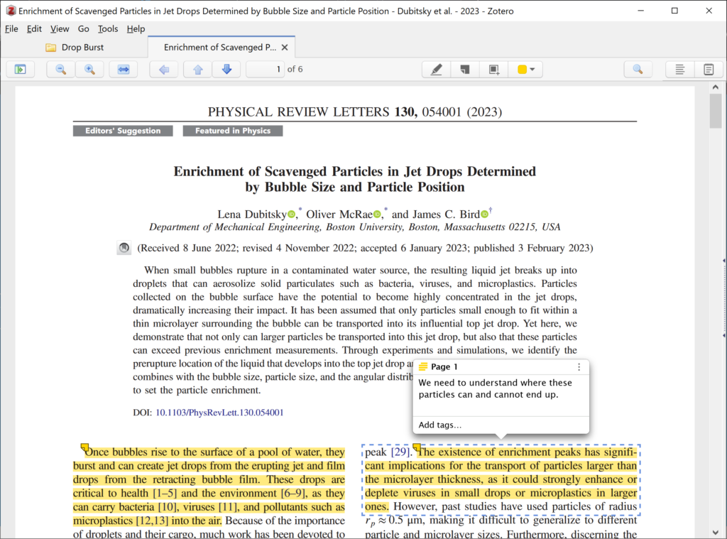 As I read a paper in Zotero, I highlight passages and add my own notes.